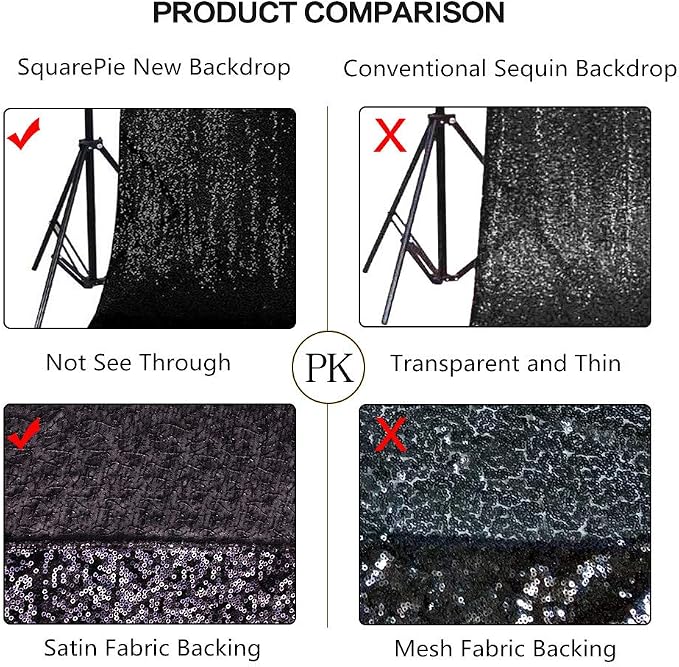 SquarePie 8x8ft Black Sequin Backdrop for Photography, Satin-Backed Real Sequin Curtain, Enhanced Coverage Shimmering Background with 4" Rod Pocket for Wedding, Birthday, Party Decor, 1 Panel
