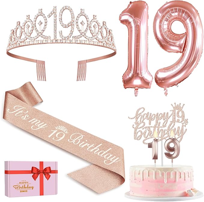 19th Birthday Decorations for Girl, Including 19th Birthday Tiara and Sash, Cake Topper and Candles, Number Balloons, Greeting Card, 19 Year Old Gifts for Girls