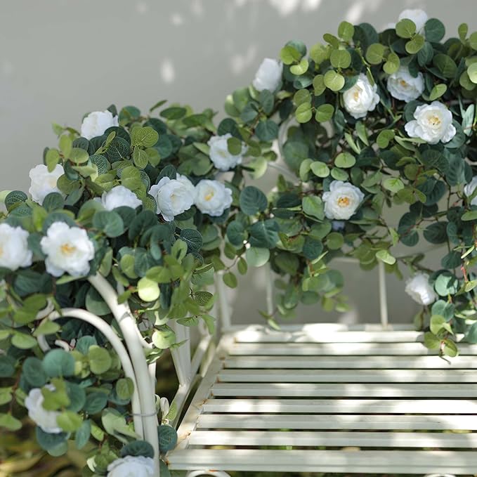 MISSPIN 2pcs Artificial Flowers Garland Spring Eucalyptus Garland Vintage Fake Flower Peony Rose Vine Greenery Decorative Wall Hanging Plant for Wedding Arch Door Arrangement Party Decor (White,2pcs)