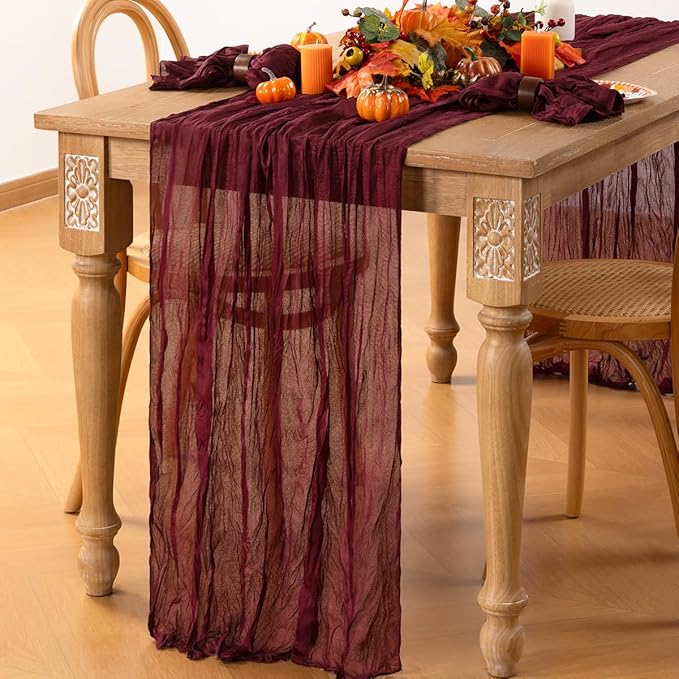 MLMC 8 Pack Burgundy Cheesecloth Table Runner Boho Rustic Gauze Wine Red Cheese Cloth Table Runner Cheese Cloth Centerpiece Decor 35x120 Inches for Wedding Reception Anniversary Home Decor
