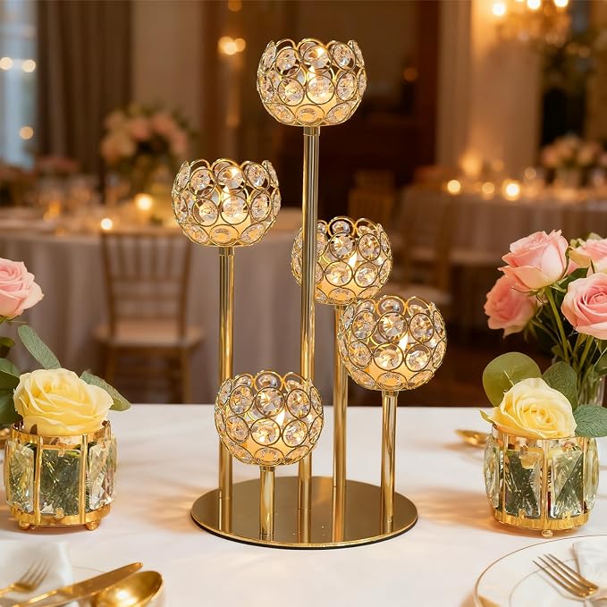 5-Arm Crystal Tealight Candelabra Centerpiece, 14.8 Inch Metal Candle Holder for Table Decor, Wedding, Christmas, Party, Anniversary & Home Decoration (2, Gold, S-14.8 in)