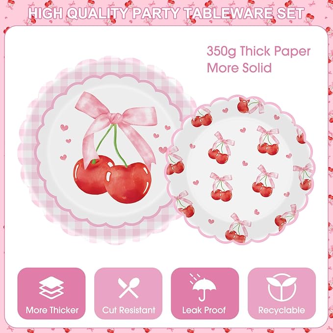 170 Pcs Cherry Birthday Decorations - Pink Bows Party Supplies Set, Happy Birthday Banner, Scalloped Paper Plates Napkins Cups, Plastic Tablecloth, Flatware for Coquette Cherry Bday Party Decoration