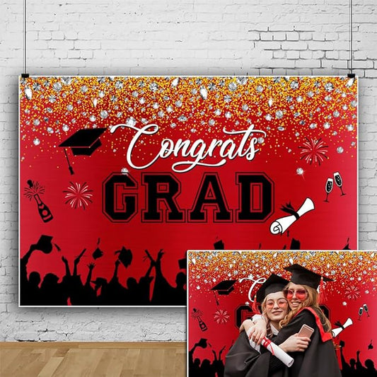Leowefowa Congrats Grad Backdrop 10x8ft Red Black Gold Glitter Graduation Backdrops for Photography Congratulations Graduates Backdrop Banner Grad Prom Party Decor Grad Photo Booth Props