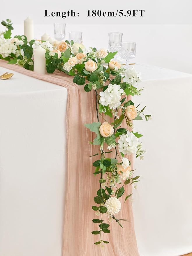 MISSPIN 5.9Ft Eucalyptus Garland with Flowers, Artificial Fake Flower Greenery Spring Garland for Baby Shower Wedding Mantle Table Centerpiece Spring Decor