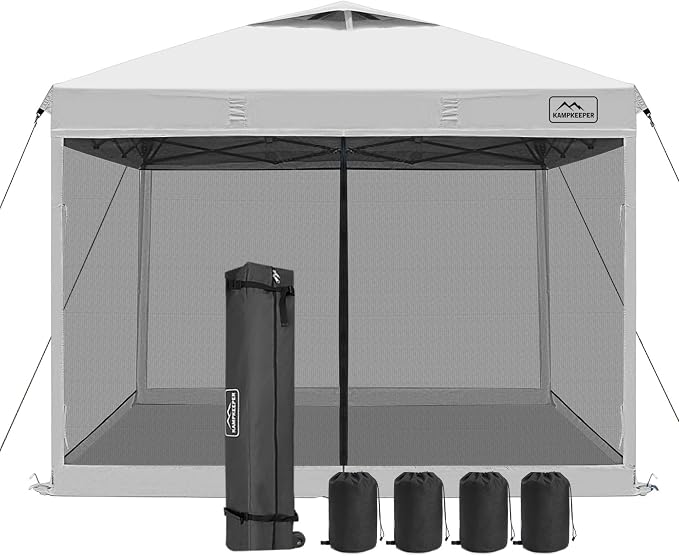 KAMPKEEPER 10x10 Pop-Up Canopy Tent, Waterproof Portable Shade with Screen Walls, Adjustable Instant Outdoor Shelter for Camping, Backyard, and Events, White
