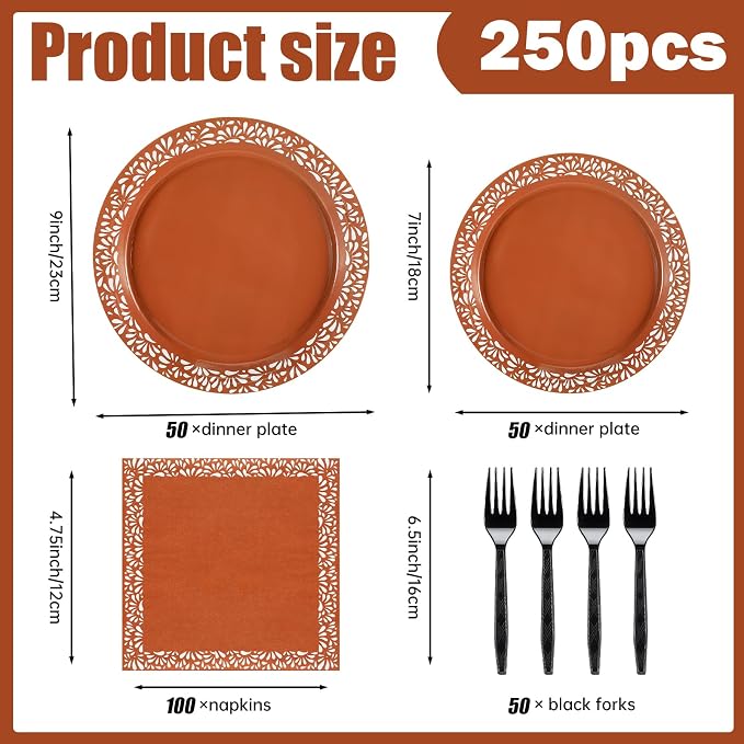 Meanplan 250 Pcs Platos De Barro Mexicanos Fiesta Paper Plates Napkins Forks Tableware Set for 50 Guests Cielito Lindo Party Decoration Mexican Terracotta Clay Pottery Themed for Birthday Wedding