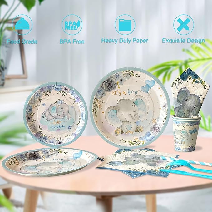 Elephant Baby Shower Decorations for Boy, 224 Pcs Blue Baby Shower Supplies(20 Guest) Includes Paper Plate, Cups, Napkins, Forks, Balloon Garland, Tablecloth, Backdrop