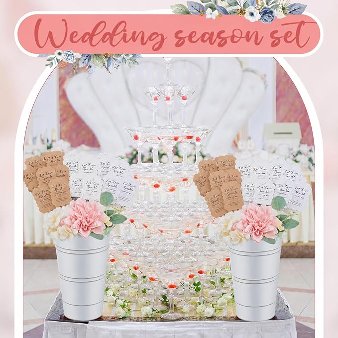 Henoyso 153 Pcs Wedding Send Off Set, 150 Lace Wedding Tags, 2 Pack 12.2 Inch Galvanized Metal Buckets, 1 Acrylic Send Off Sign with Stand for Party Decorations(White)