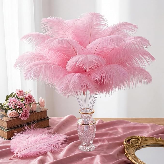 Hanaive 150 Pcs Ostrich Feathers Set Bulk Plumes 12-14 Inch (30-35cm) 70 Pcs Large Ostrich Feathers with 80 Sticks and Tape for DIY Crafts Wedding Home Party Centerpiece Decorations (Pink)