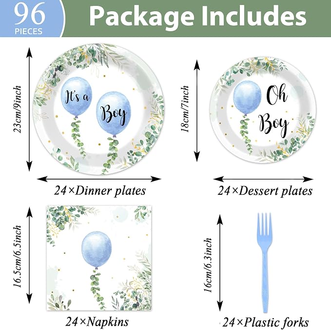 96 Pcs Oh Boy Watercolor Blue Balloon Party Supplies Greenery Boy Baby Shower Tableware Set Eucalyptus Party Favor Birthday Baby Shower Plates and Napkins Table Decorations for 24 Guests