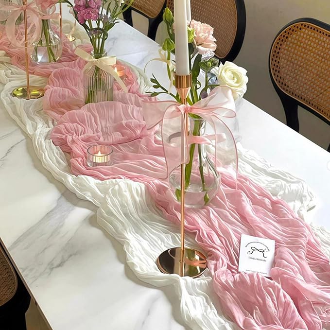Pink Cheesecloth Table Runner 21x120 Inch Gauze Table Runners Reusable Polyester 10ft Boho Rustic Cheese Cloth Table Runner for Wedding Party Baby Shower Birthday