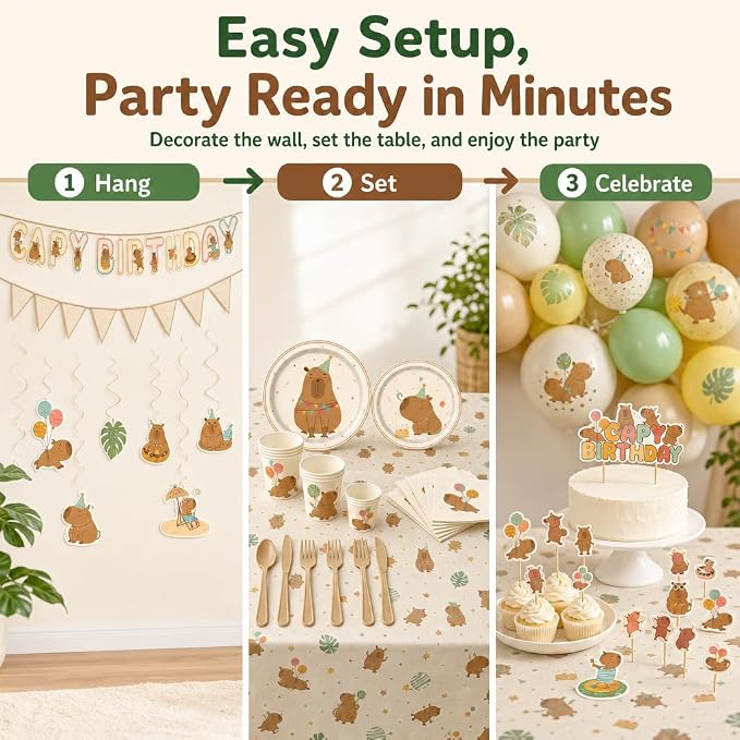 120 PCS Capybara Birthday Party Supplies for 10 Guests, Cute Animal Theme Decorations and Tableware Set with Banner, Balloons, Plates, Cups, Napkins, Cutlery, Tablecloth, and Toppers