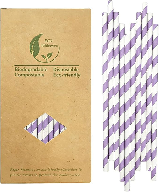 Purple and White Paper Straw, [100 Pack] Biodegradable Disposable Light Purple Striped Drinking Straws For DIY Crafts, Party Cocktail Supplies, Cake Pops Sticks & Holiday Celebrations