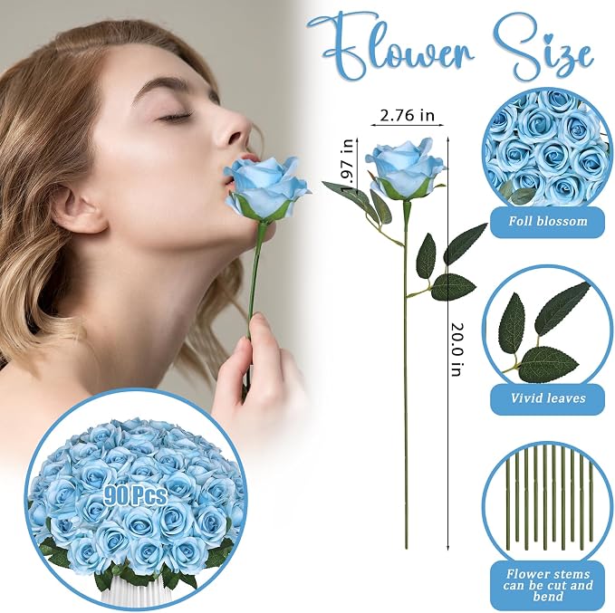 90pcs Fake Sky Blue Roses Artificial Flowers Bulk Realistic Silk Faux Rose with Stems for Wedding Decoration Anniversary Bridal Bouquet DIY Floral Arrangement Romantic Home Decor Gifts
