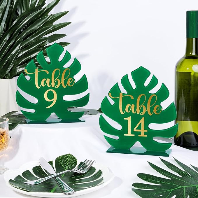 Palm Leaf Theme Wedding Acrylic Table Number 1-20 with 20Pcs Stands, 5"x7" Table Centerpiece Decor for Indoor Outdoor Tropical Safari Jungle Hawaiian Wedding Bridal Shower Anniversary