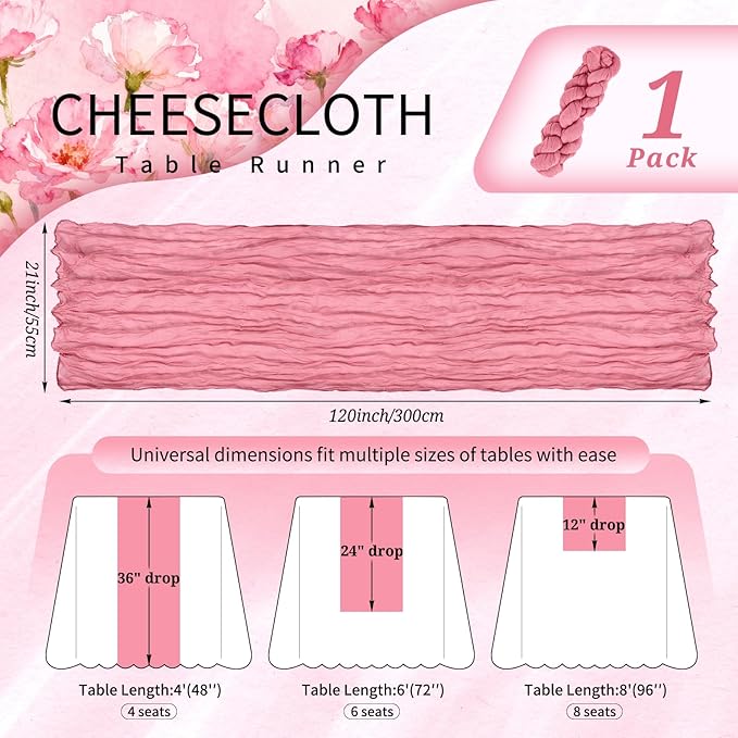 1 Pack Cheesecloth Table Runner 10FT Dusty Rose Table Runner Boho Gauze Cheese Cloth Table Runners Long Rustic Sheer Table Decorations for Wedding Party Baby Bridal Shower Birthday Holiday Home