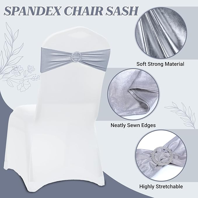 MDS Pack of 200 Spandex Foil Chair Sashes Bow Universal fits Elastic Stretch Chair Bands Ties with Buckle for Wedding Lycra Slider Bow - Metallic/zari/Sparkle Silver