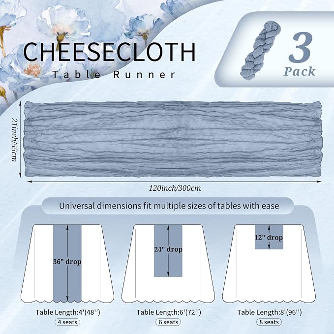 3 Pack Cheesecloth Table Runner 10FT Dusty Blue Table Runner Boho Gauze Cheese Cloth Table Runners Long Rustic Sheer Table Decorations for Wedding Party Baby Bridal Shower Birthday Holiday Home