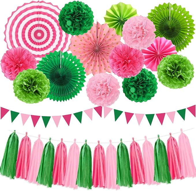 Witch Theme Party Decorations Set Colored Pink and Green Birthday Party Hanging Paper Fan Tissue Pom Poms Streamers Summer Party Supplies Tassel Garland Banner