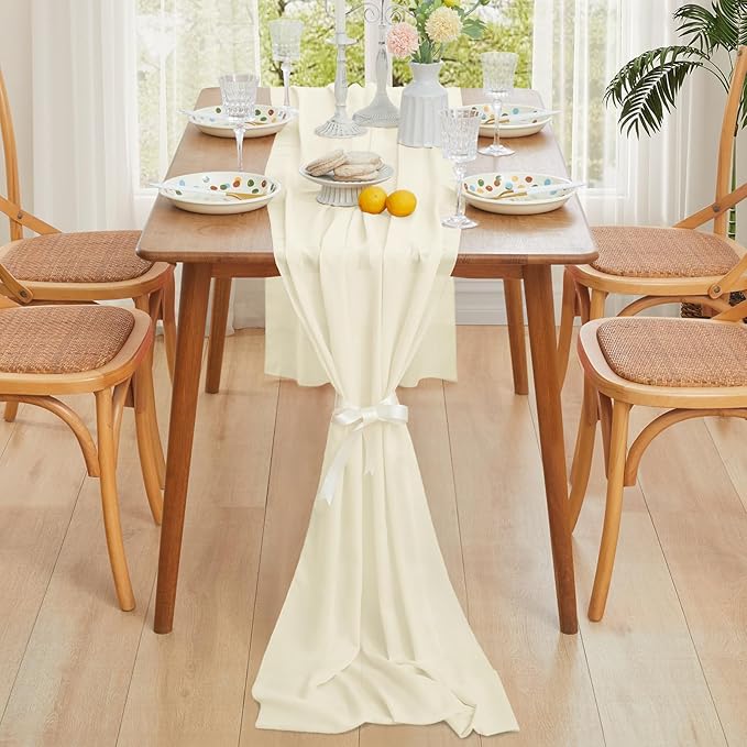 Horbaunal 12 Pack Ivory Chiffon Table Runners 10FT Sheer Chiffon Runner 29x120 Inches Romantic Boho Rustic Table Runner for Wedding Party Bridal Baby Shower Table Decorations
