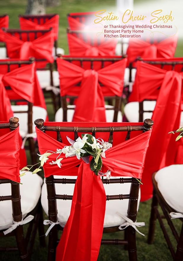 120 PCS Red Satin Chair Sashes, Ties Bows Designed Chairs Decorative, Chair Cover Sashes for Thanksgiving Wedding Christmas Banquet Party Home Kitchen Decoration (7 x 108 inch)