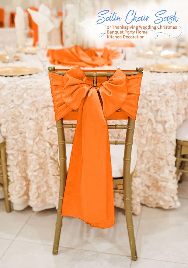 120 PCS Orange Satin Chair Sashes, Ties Bows Designed Chairs Decorative, Chair Cover Sashes for Thanksgiving Wedding Christmas Banquet Party Home Kitchen Decoration (7 x 108 inch)