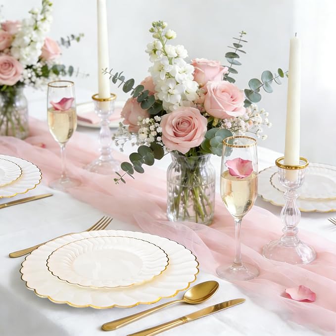 Ivory Disposable Plastic Plates 125pcs Scalloped Gold Rim for 25 Guests | Includes 25 Dinner and Dessert Plates 75 Gold Cutlery Elegant Tableware for Wedding Birthday Baby Shower Valentine Parties