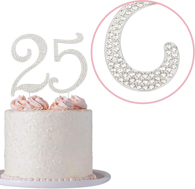 25 Cake Topper - Premium Silver Metal - 25th Birthday or Anniversary Party Sparkly Rhinestone Decoration Makes a Great Centerpiece - Now Protected in a Box