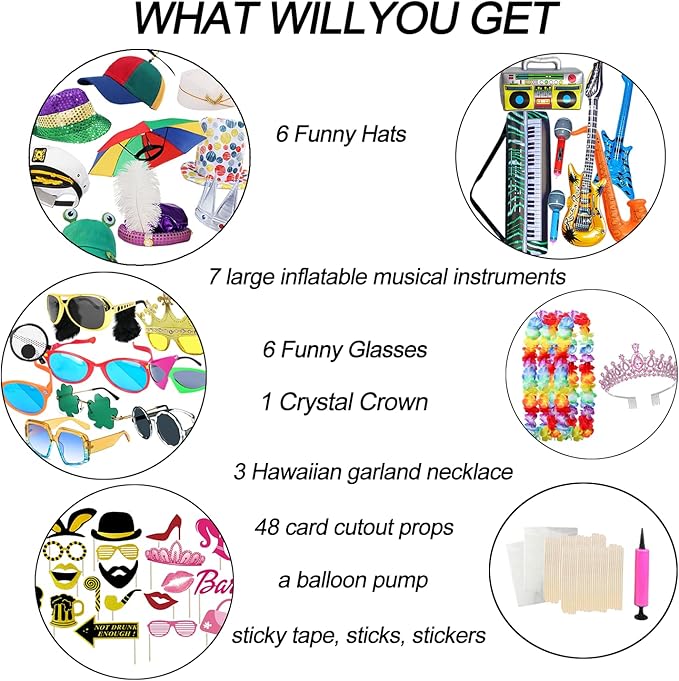 Bulk Large Premium Photo Booth Props Set for Adult Teens, Funny Hats and Large Glasses, Crystal Crown, Inflatable, Card Cutout Props, Photo Booth Prop for All Occasions