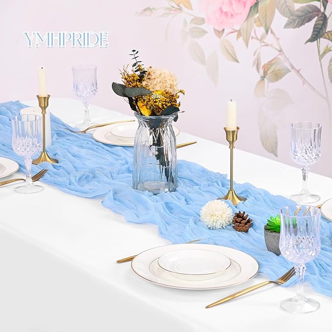 16 Pack Light Blue Cheesecloth Table Runner 120 Inch 10FT Spring Boho Rustic Sheer Gauze Cheese Cloth Table Runner for Wedding Baby Shower Birthday Party Table Decor