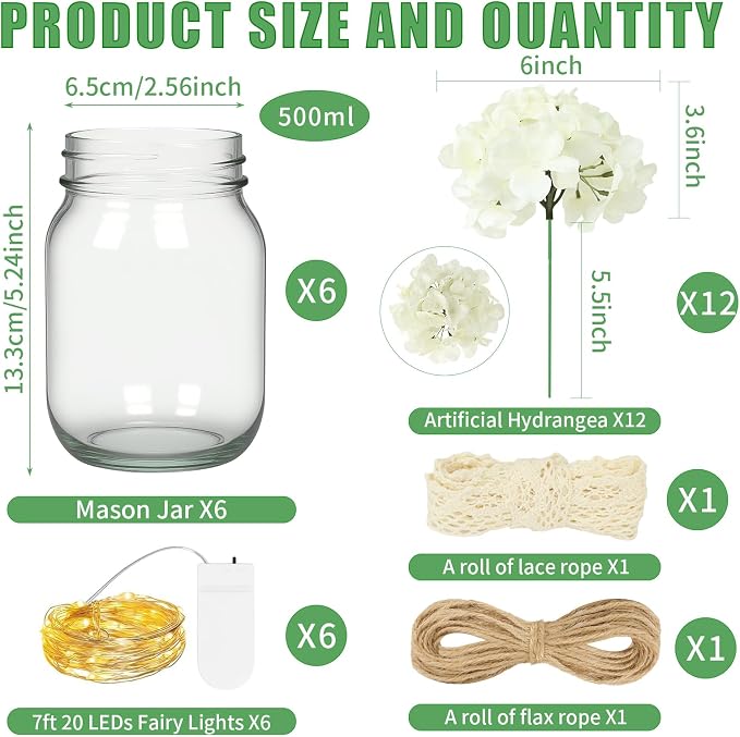 Mason Jar Table Centerpiece Set of 6 With White Hydrangea artificial Flowers for Engagement Party Bridal Shower Centerpieces Wedding Christmas Thanksgiving Party Reception Table Decor