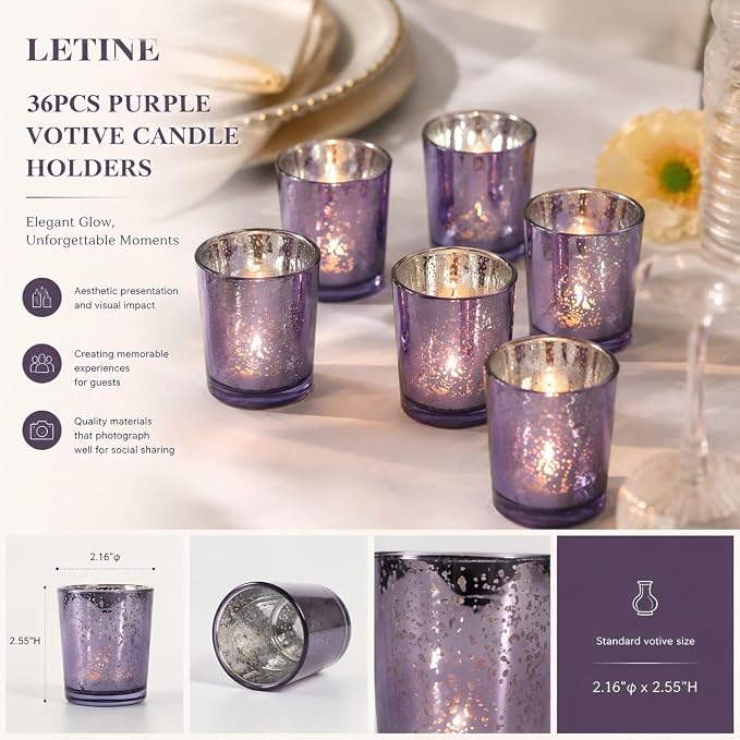 LETINE 36pcs Purple Votive Candle Holders – Glass Tea Light Candles Holder, Standard Votive Size for Regular Votive Candles– Bulk Candle Holder for Party Decoration, Bridal Shower, Home Decor