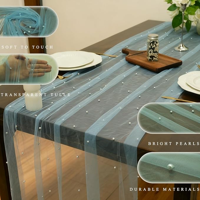 Set Of 6 Pearl Table Runner 10ft, 29 X 120 Inch Light Blue Tulle Table Cover, Pearl Sheer Table Runner For Wedding Party Baby Shower Birthday Home Decor