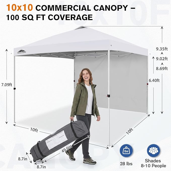 EAGLE PEAK Commercial Canopy 10x10 Pop Up Canopy Tent with 1 Sidewall, Easy Setup Heavy Duty Instant Event Shelter for Vendors & Markets, Outdoor Sun Shade, White
