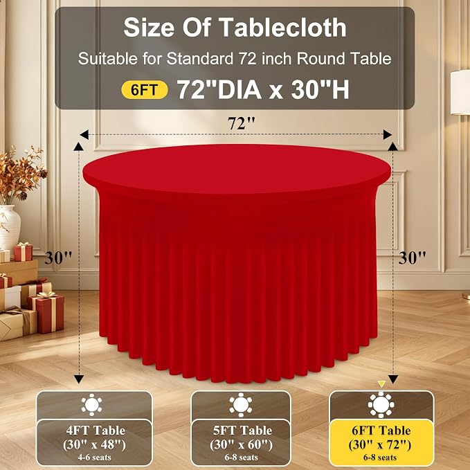 Smiry Round Spandex Tablecloth, Elastic Fitted Washable Tablecloths for 72 Round Tables, Waterpoof Stretch Table Cover Skirt for Outdoor, Wedding, Banquet & Parties, Red