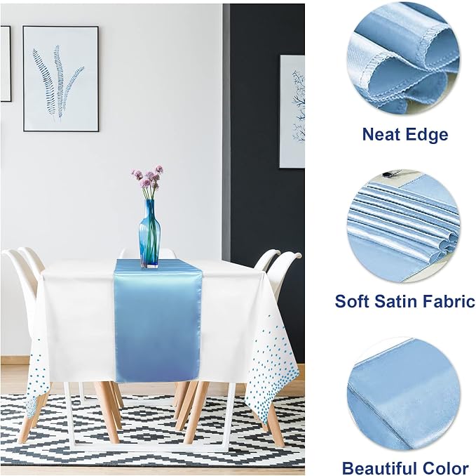 16Pack Disposable Plastic Tablecloths and Satin Table Runner Set White and Light Blue Dot Tablecloth Blue Satin Table Runner for Wedding Birthday Baby Shower Anniversary Engagement Xmas Party Supplies