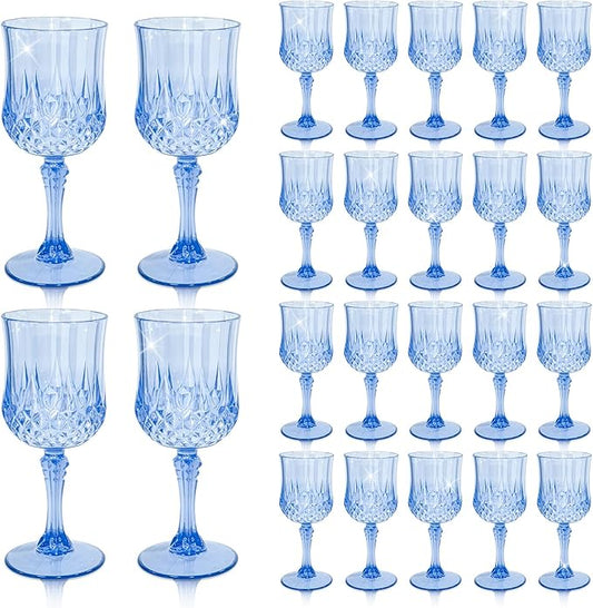 CHLJAR 24 PCS Plastic Blue Wine Glasses Goblets Blue Vintage Wine Glasses, Reusable Drinkware Vintage Champagne, Plastic Goblets for Parties for Wedding Reception Grand Event Party, 7oz