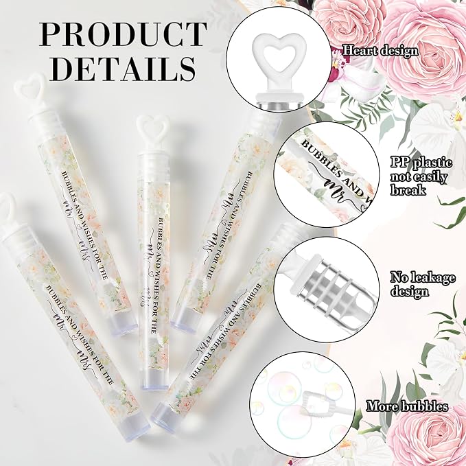 Hollowfly 120 Pack Pink Flower Wedding Mini Bubble Wands for a Wedding Bulk White Heart Bubble for Guests Send Off Wand Adults Bridal Exit Shower Party Supplies Valentine Anniversaries Celebration