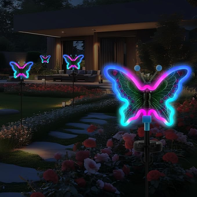 Solar Butterfly Lights Outdoor,Butterfly Solar Lights for Outside, Solar Garden Decor, Outdoor Garden neon Lights,Pathway Butterfly Lights, Gifts for mom (Light Blue,2pack)