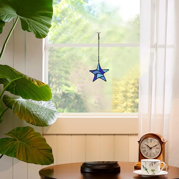 Blue Star Decoration Stained Glass Window Hanging,Glass Star Suncatcher for Living Room Bedroom Bathroom Kitchen, Birthday Gift for Boy Men Party
