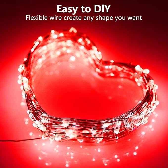 YEGUO Valentine Decor String Lights, 8 Packs Each 16ft 50 LED Fairy Lights Battery Operated, Christmas Lights Indoor for Bedroom Wedding Party Holiday Gift(Red)