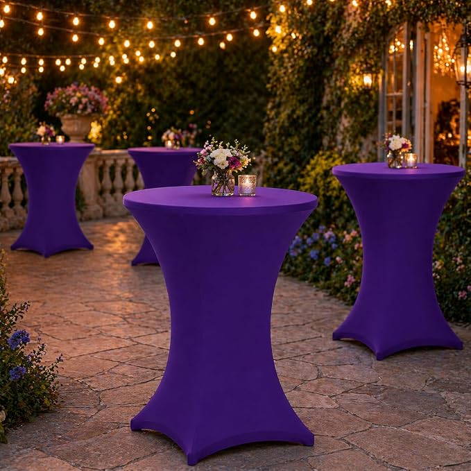 Cocktail Table Covers - 2 Pack 32x43 Inch Table Cloth - Purple Fitted Stretch Spandex Round High Top Tablecloth for Party, Bar, Birthday, Pub, Banquet