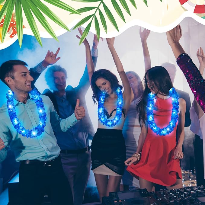 Sherr 48 Pcs LED Hawaiian Leis Light up Flower Leis Necklace with LED Lights Luau Flowers Necklaces for Masquerade Beach Wedding Tropical Themed Party Supplies(Bright Blue)