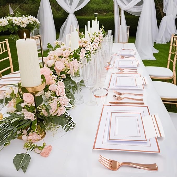 Festiva 350Pcs Rose Gold Plates and Napkins Party Supplies-Square White and Rose Gold Disposable Dinnerware include Plates Cups Cutlery Napkins for 50 Guests Wedding &Mother's Day&Birthday Party