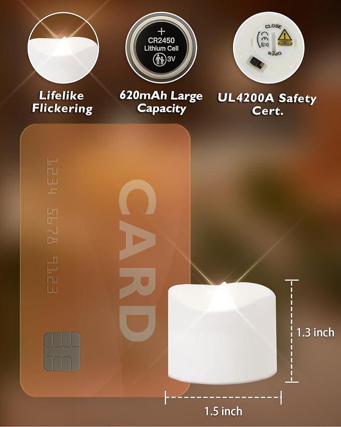Homemory 48-Pack Cool White Novelty Flickering Flameless Tea Lights, 200+Hours Battery-Operated LED Fake Candles for Wedding Table Centerpieces,Proposal,Anniversary, White Base, Ø1.5'' × H1.3''