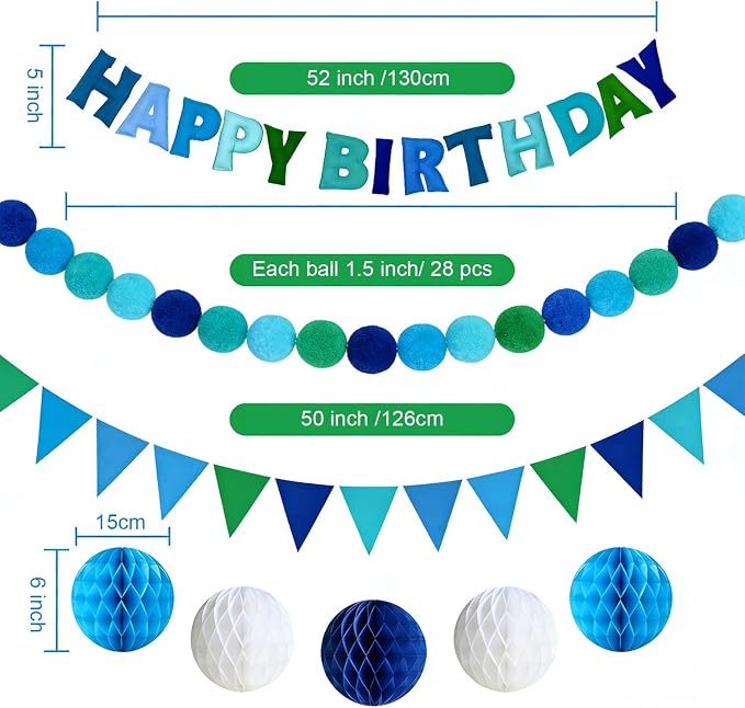 Pre-Strung Happy Birthday Decor Blue, 3D Felt Birthday Banners Poms Pom Fabric Party Garland, Felt Pennant Flat, with 10PCS Honeycomb Balls, Blue Reusable Party Celebration Decorations