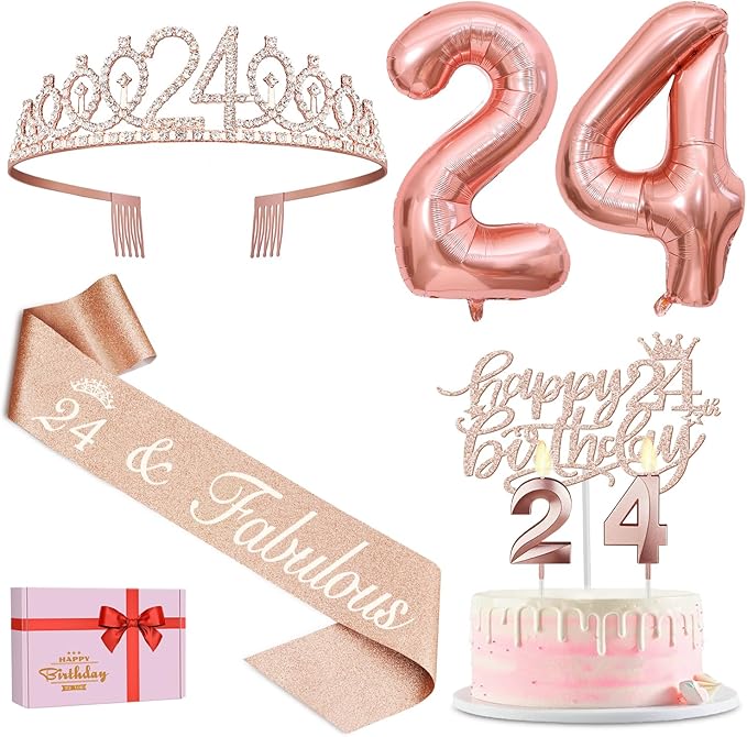24th Birthday Decorations for Women, Include 24th Birthday Sash and Tiara, Cake Topper and Candles, Number Balloons, 24 Year Old Gifts for Women