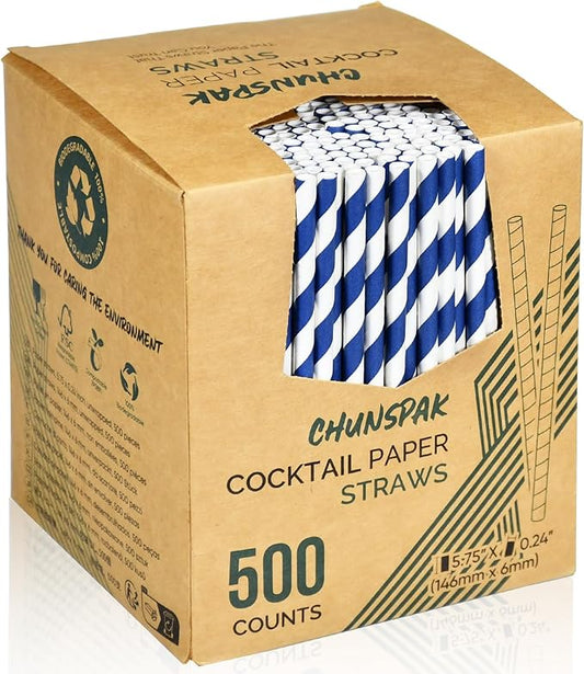 5.75 inch Navy Blue Short Paper Cocktail Straws & Stirrer Sticks 500 Counts - for Bars and Restaurants