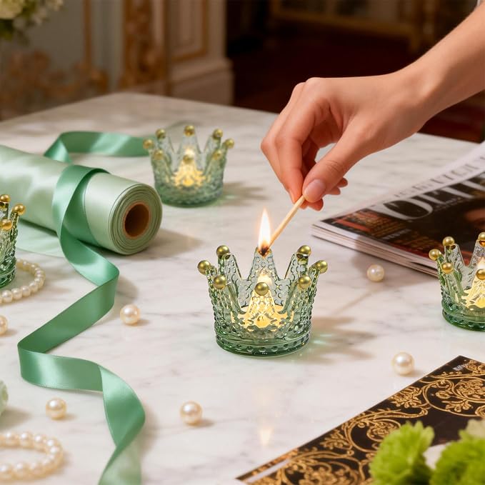 Rubtlamp 6 Pack Green Gold Crown Candle Holders, Glass Votive Candle Holders, Vintage Tealight Candle Holders for Table Centerpieces, Wedding, Bridal Shower, Birthday
