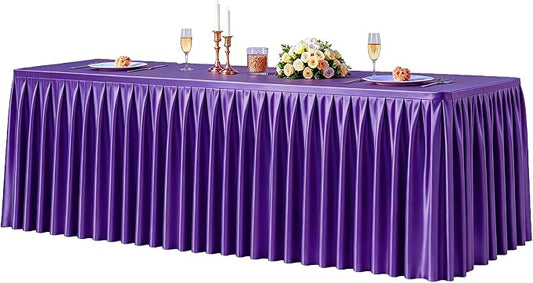 1 Pack Purple Satin Tablecloths Rectangle 8FT, Glitter Spandex Fitted Stretch Table Covers Wrinkle-Free Floor Length Shimmer Table Skirt for Weddings Parties Baby Shower Banquets Vendor Events